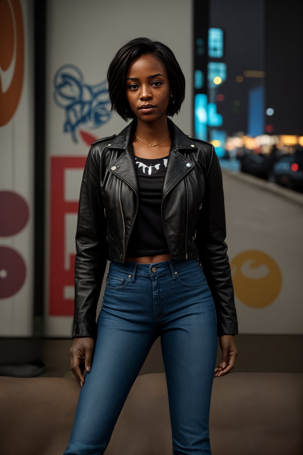 stylish and chic  woman in New York City wearing a leather jacket, jeans, and boots with urban graffiti in the background