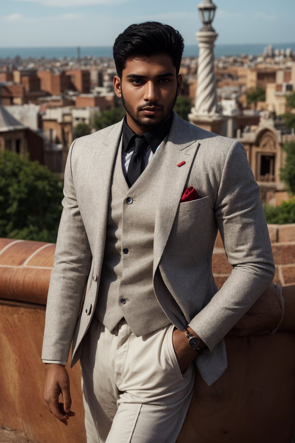 sharp and trendy man in Barcelona wearing a flamenco-inspired dress/suit, Park Güell in the background