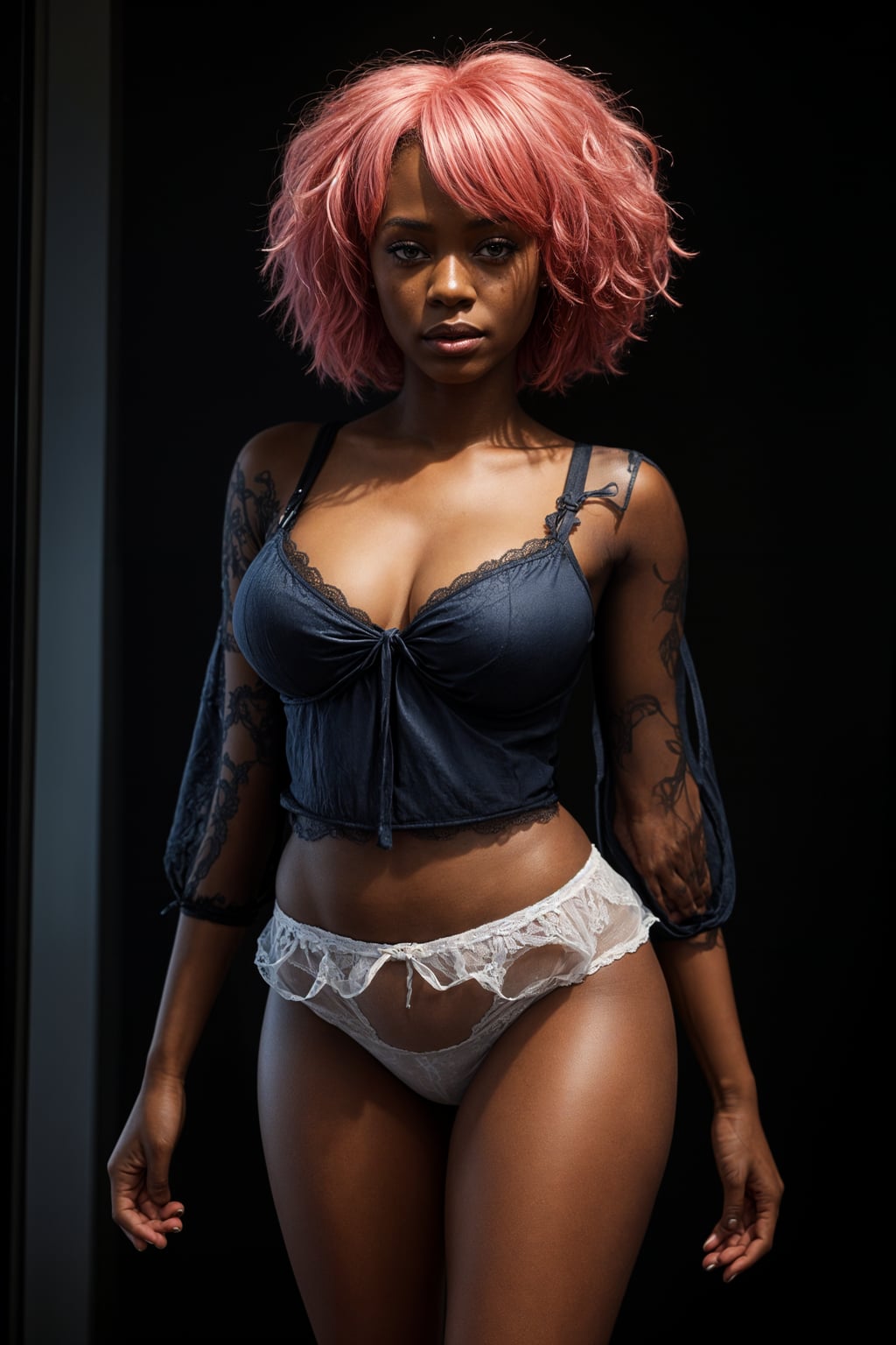lingerie woman masterpiece, best quality, (photorealism), reflections, lingerie, extremely detailed, extremely detailed CG unity 8k wallpaper, cinematic lighting, detailed background, lingerie, 1girl, solo, medium hair, (pink hair), shirt, skirt, detailed clothes, blue skirt, blue shirt, detached sleeves, white shirt, bangs, (blue eyes, detailed eyes), choker, ribbon earrings, detached sleeves, lookng at the viewer, from below,, wait, bedroom