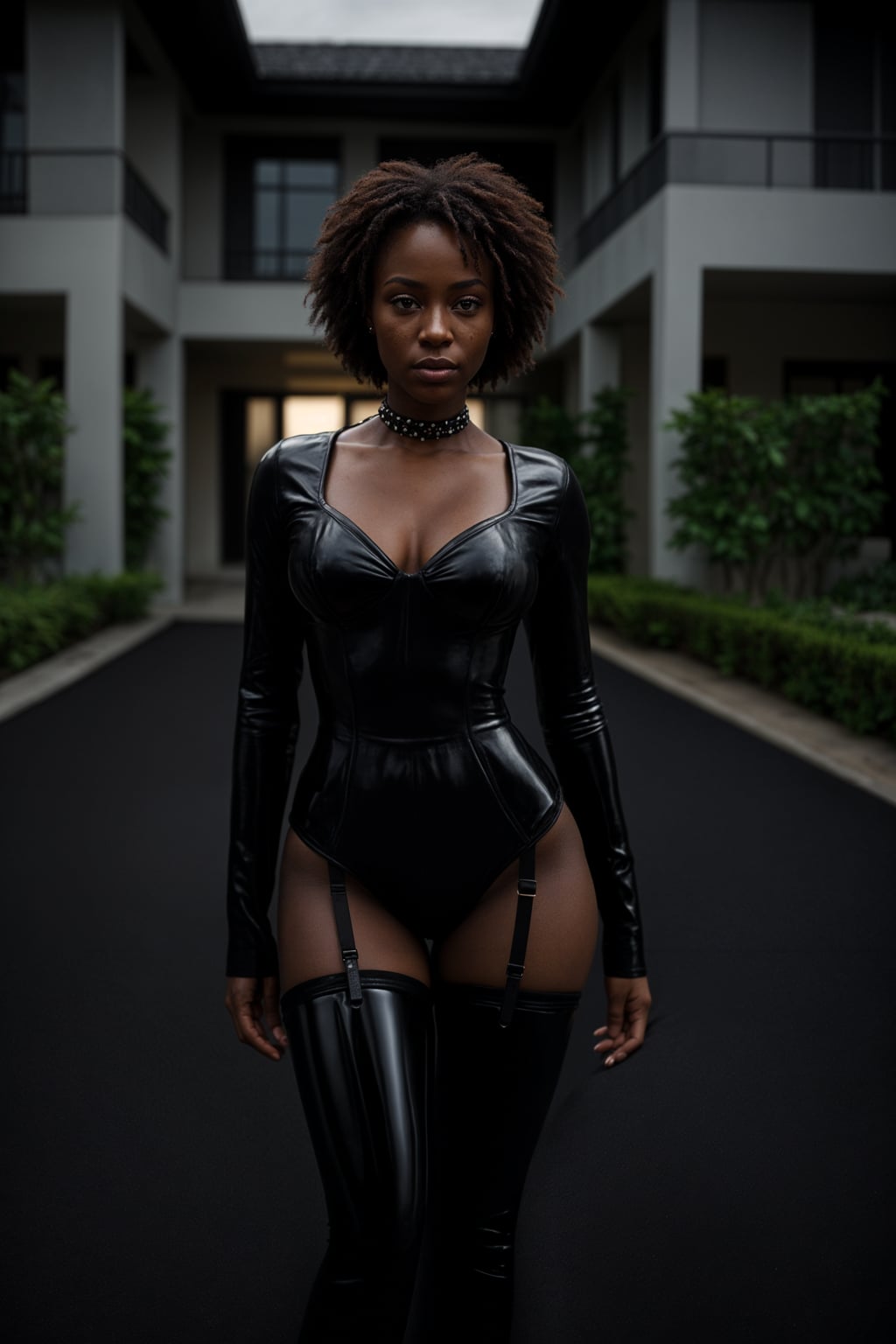 a woman wearing sexy (pvc latex lingerie) standing in front of luxury design villa