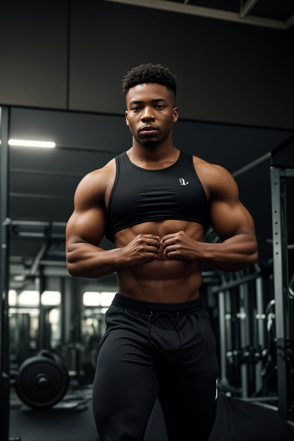 a fit man as fitness influencer wearing gym outfit in the bodybuilding gym