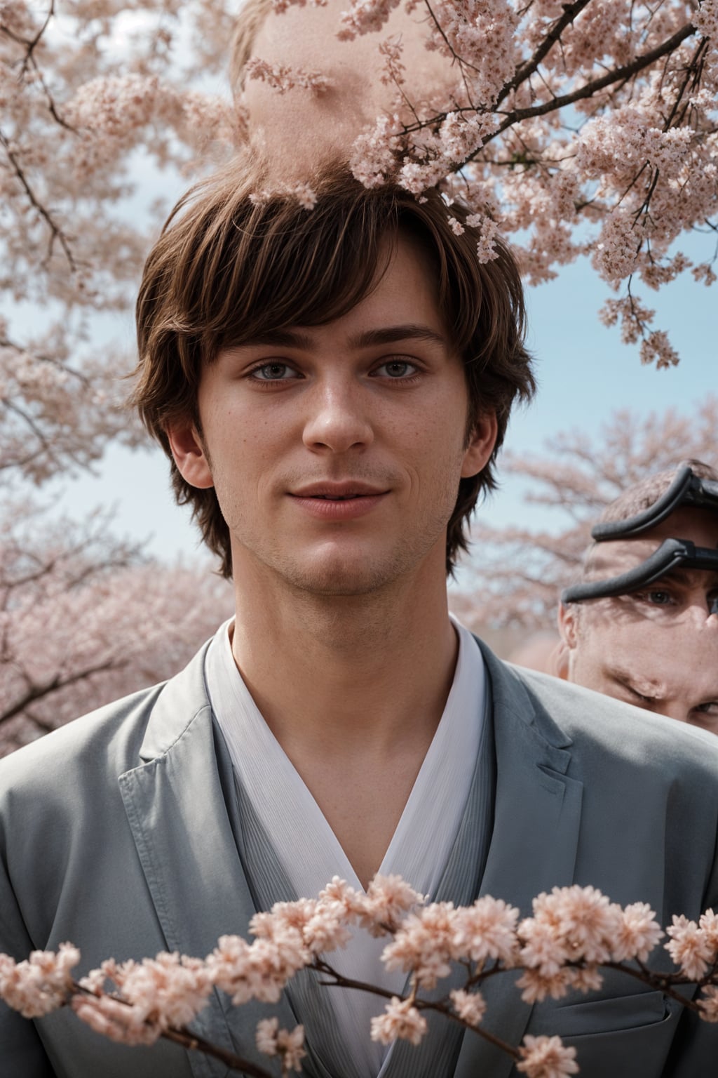 smiling man in Japan with Japanese Cherry Blossom Trees and Japanese temples in background