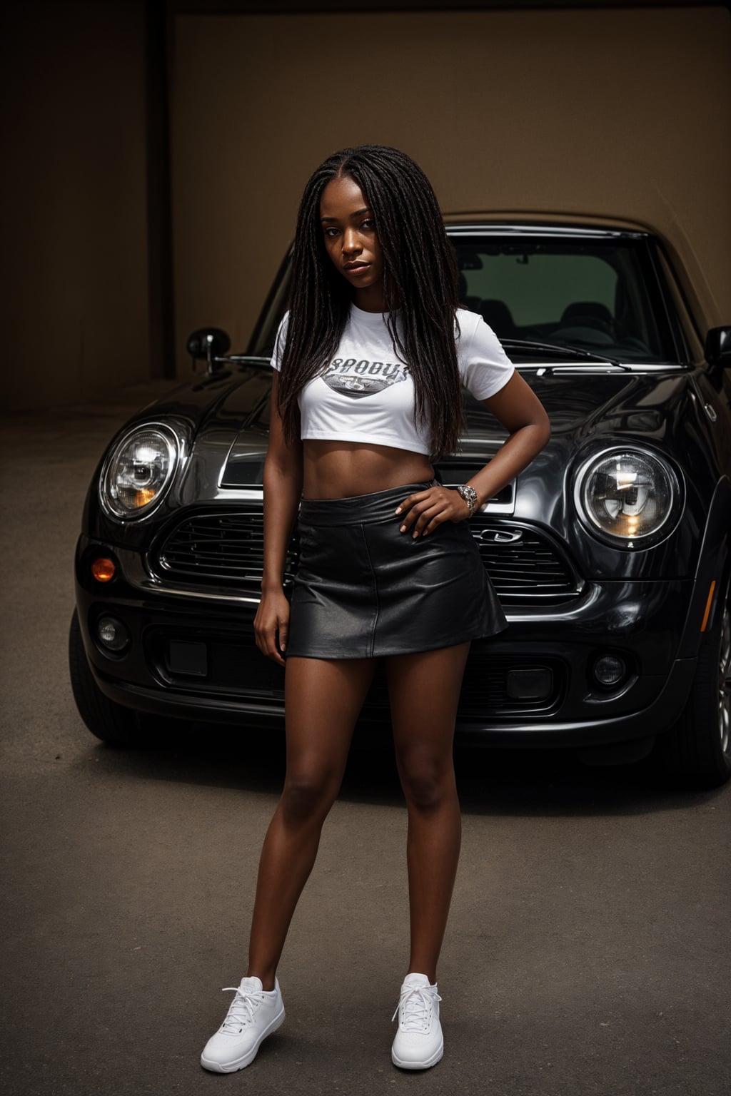 woman  wearing mini skirt posing in front of a sports car