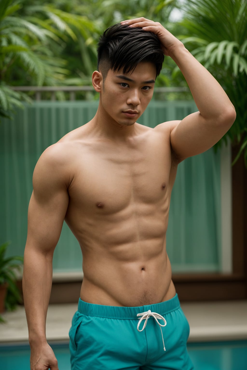 man as Ken from Barbie with swim trunks, shirtless, undercut blonde hairstyle.