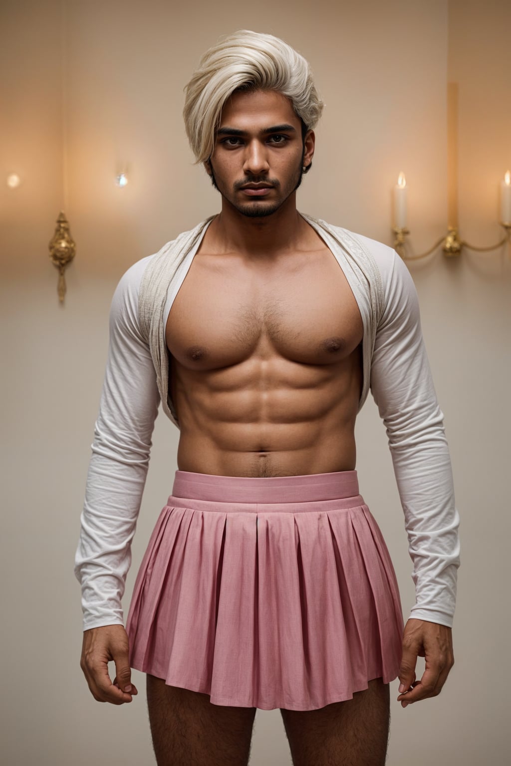 man as with platinum blonde hair and pink latex skirt
