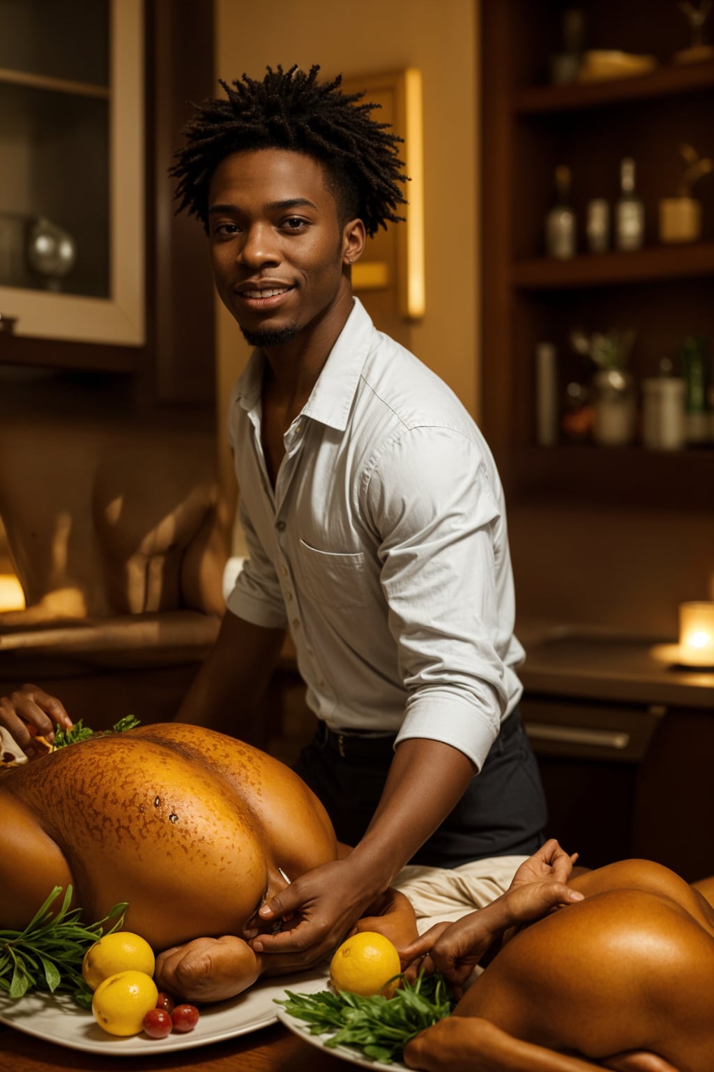 smiling man celebrating Thanksgiving with cocktail and turkey meat in background