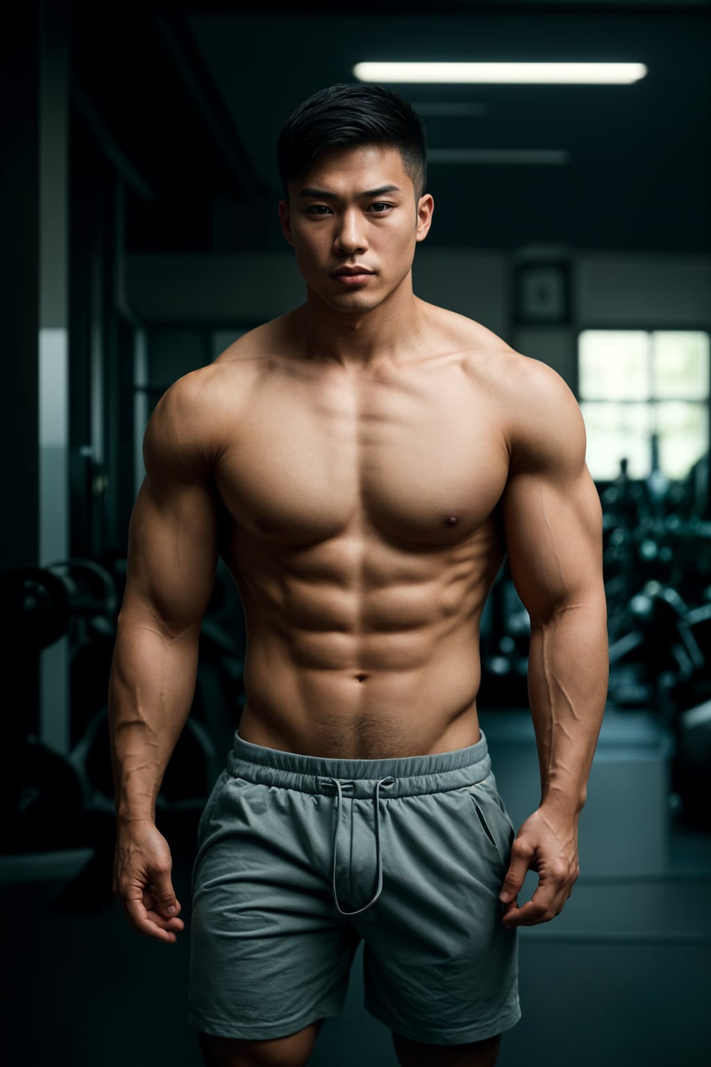 masculine  man in the gym wearing t-shirt and gym shorts
