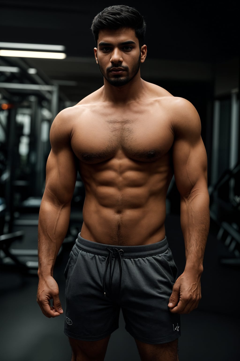 masculine  man in the gym wearing t-shirt and gym shorts