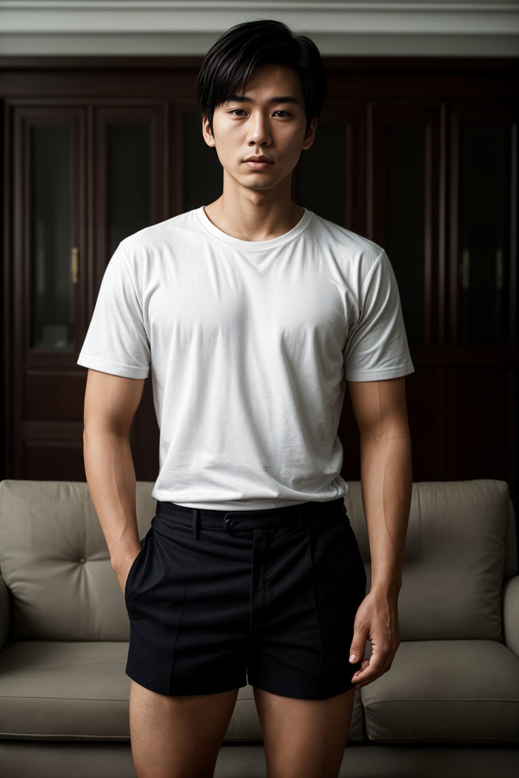 a man wearing  shirt and shorts in luxury villa living room, instagram photo, instagram,  fit body
