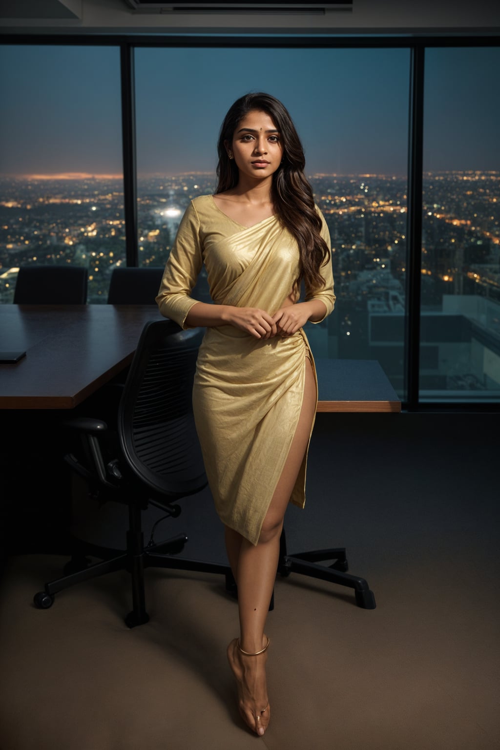 8k professional headshot of woman, crisp details, studio backdrop, executive attire, confident posture, neutral expression, high-definition, corporate setting, sharp focus, ambient lighting, business professional, cityscape view
