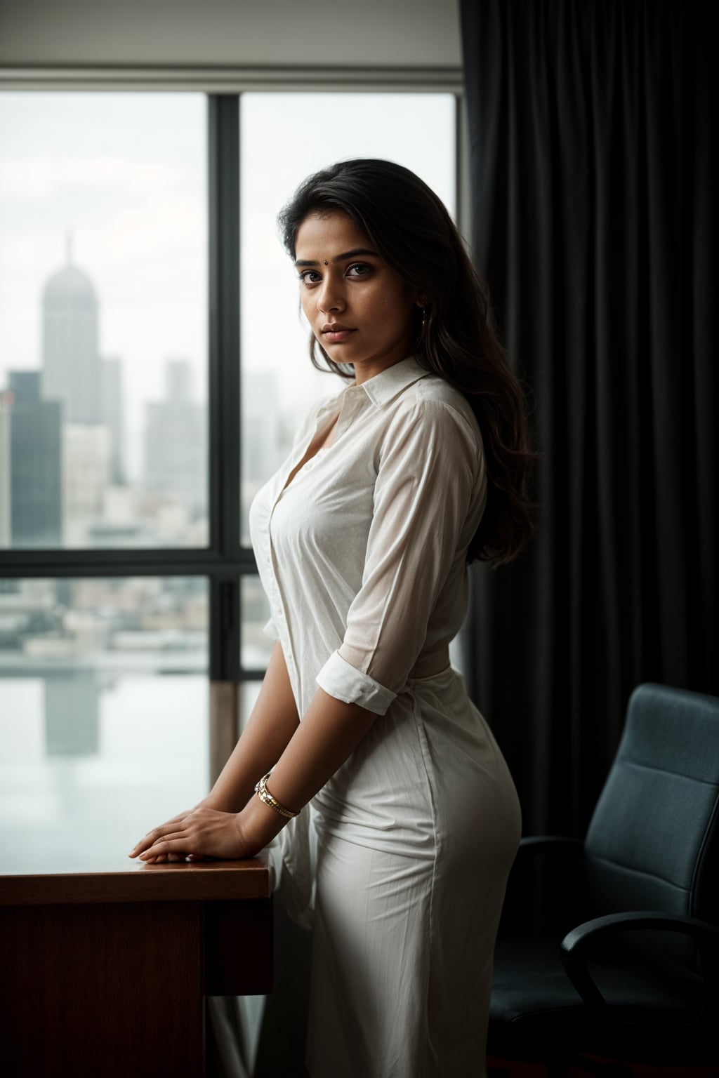 8k professional headshot of woman, crisp details, studio backdrop, executive attire, confident posture, neutral expression, high-definition, corporate setting, sharp focus, ambient lighting, business professional, cityscape view