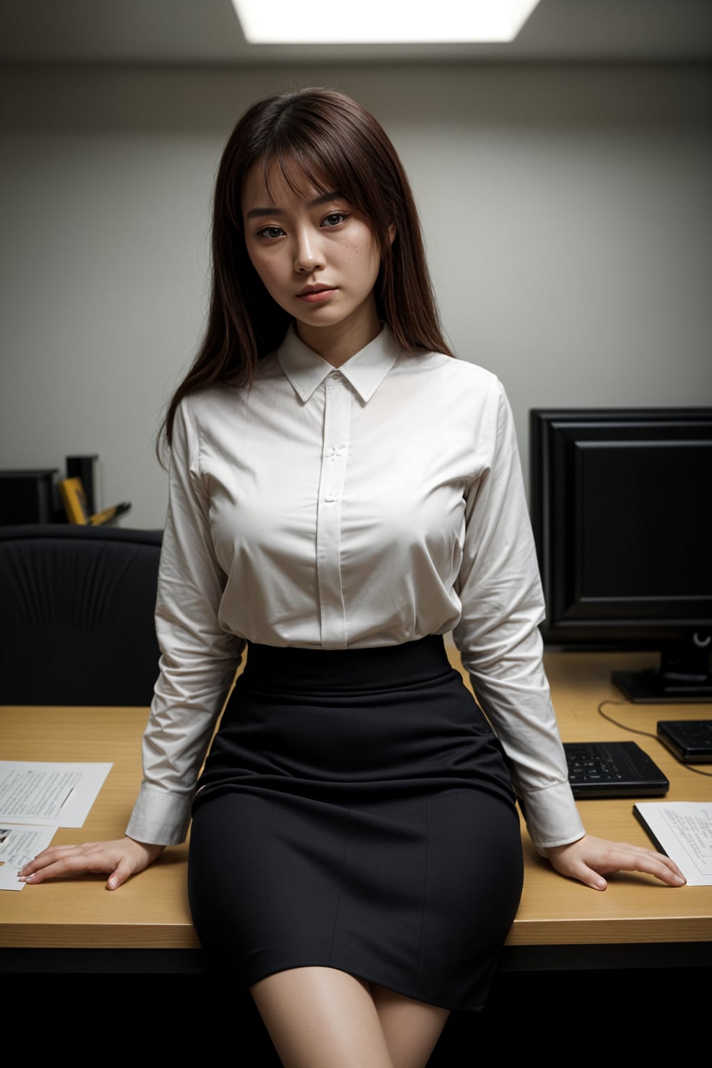 headshot of woman, sitting at a desk, at a (office), BREAK elegant blouse, pencil skirt, makeup