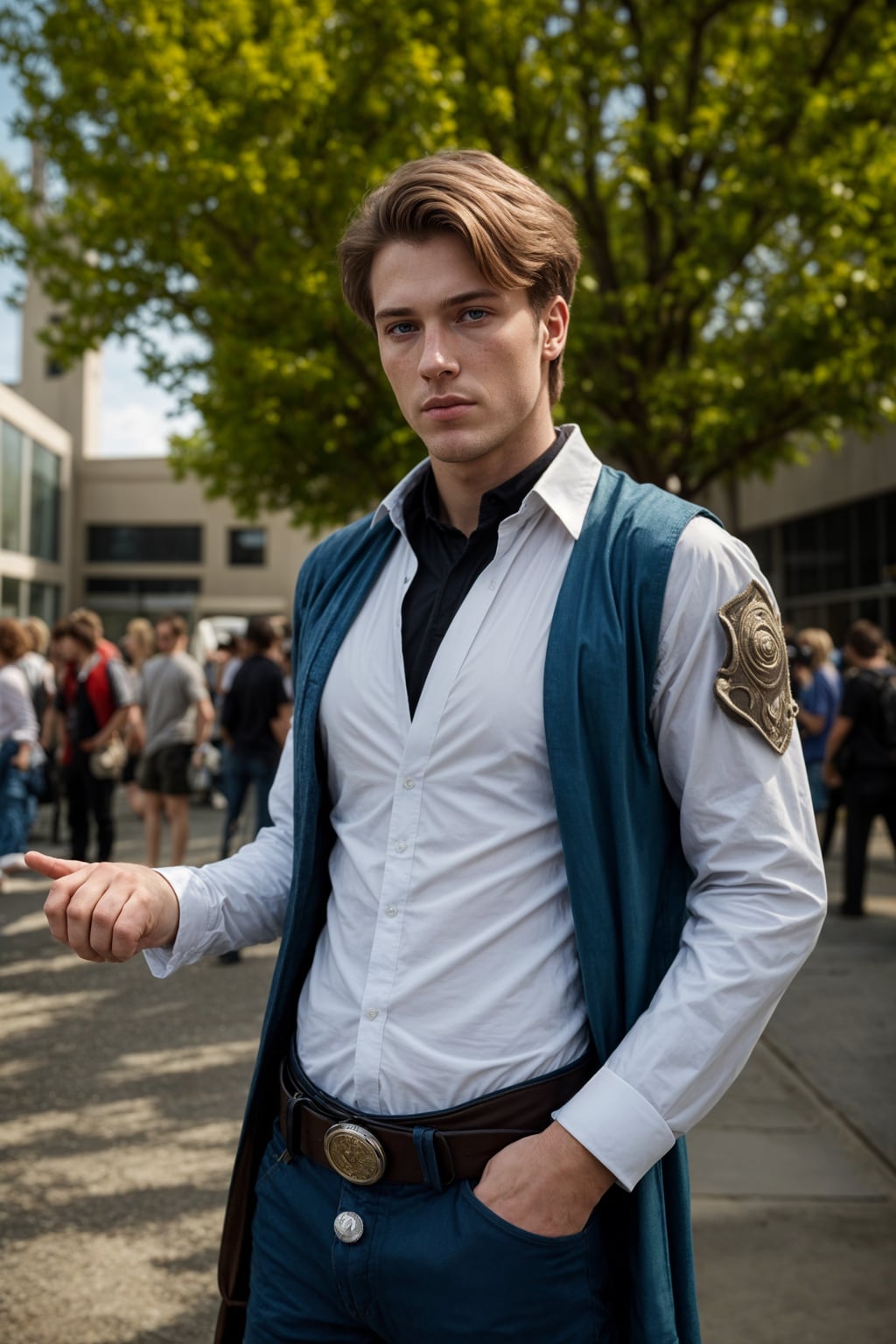 cosplayer man as cosplay convention, outdoors at expo building