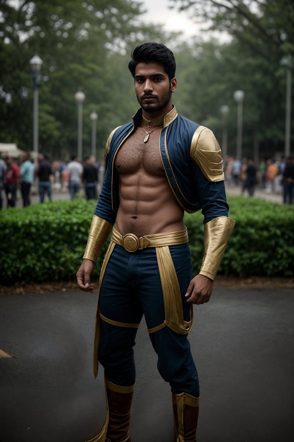 cosplayer man as cosplay convention, outdoors at expo building