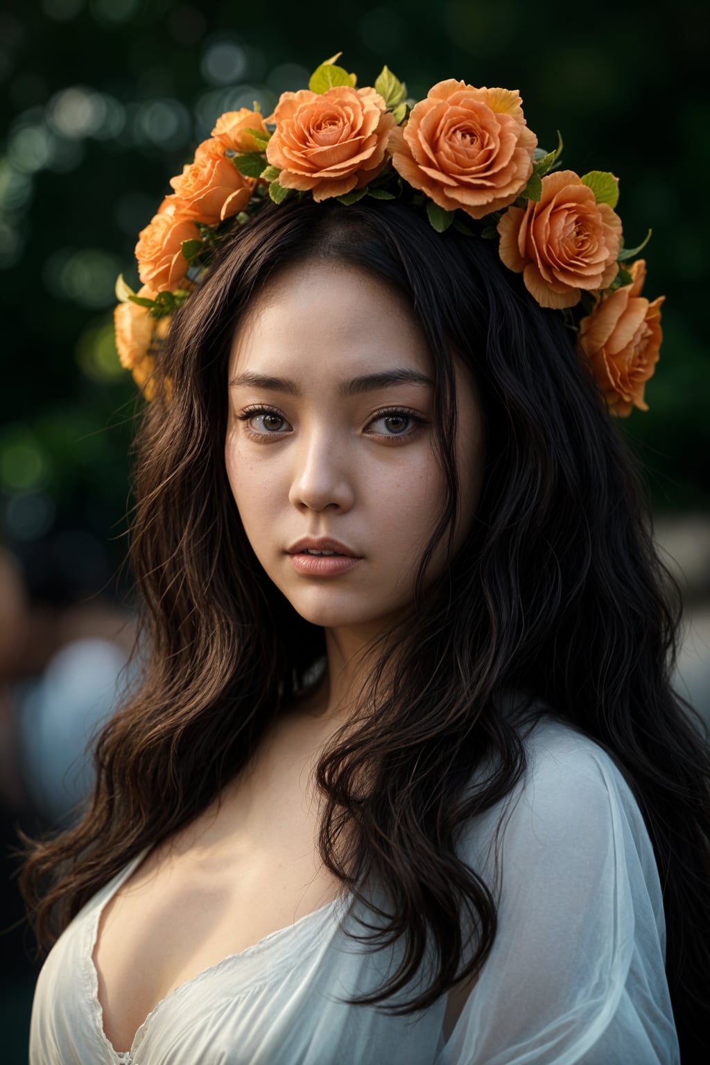 a stunning woman with flowing curly hair and flower accessories , capturing the essence of festival fashion and individuality