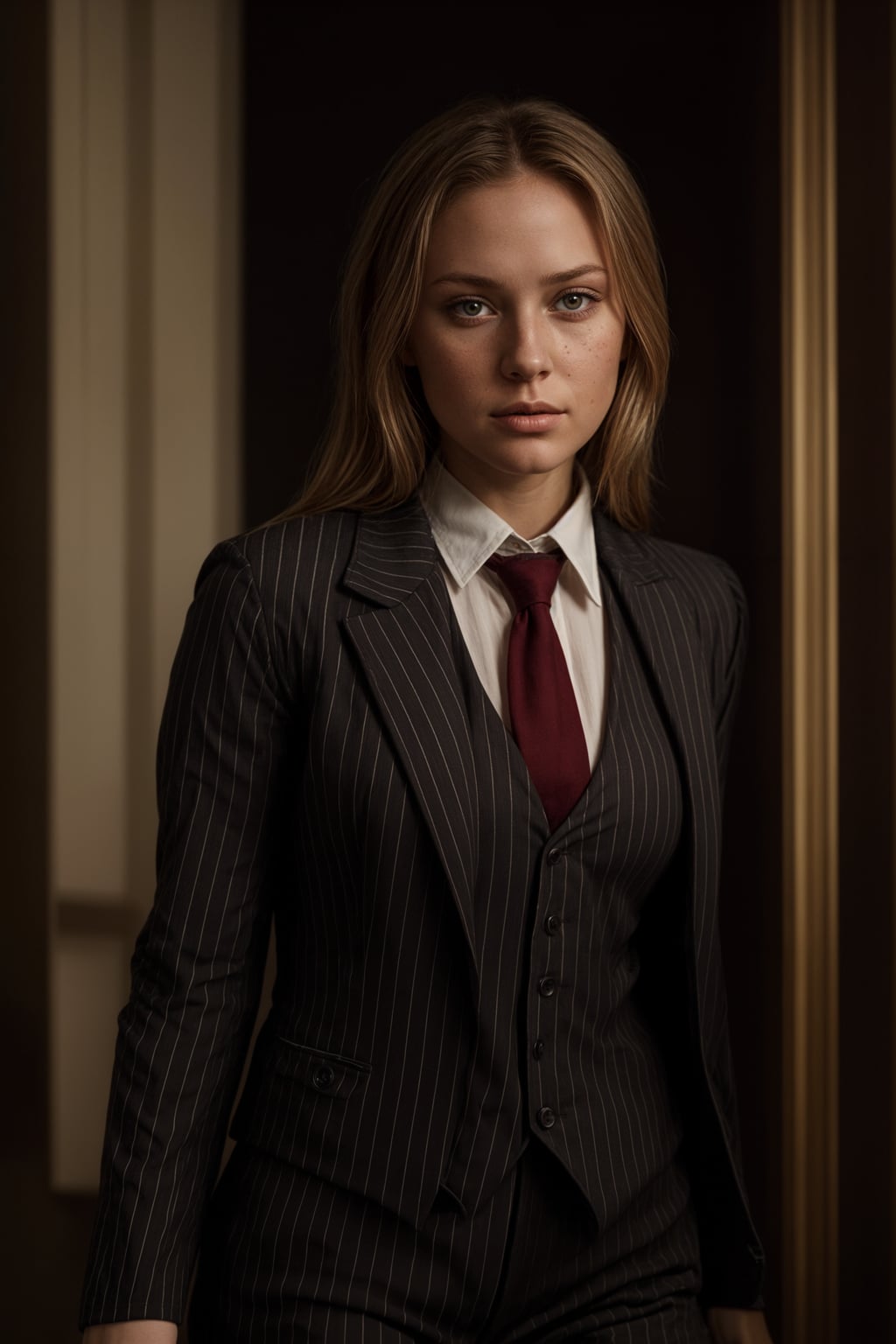 woman trying on a sophisticated pinstripe suit with a waistcoat and a burgundy tie
