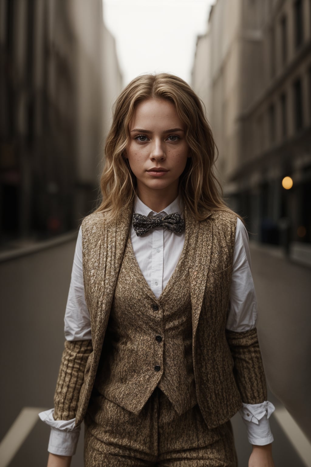 woman wearing a trendy tweed suit with a patterned bow tie and a contrasting vest