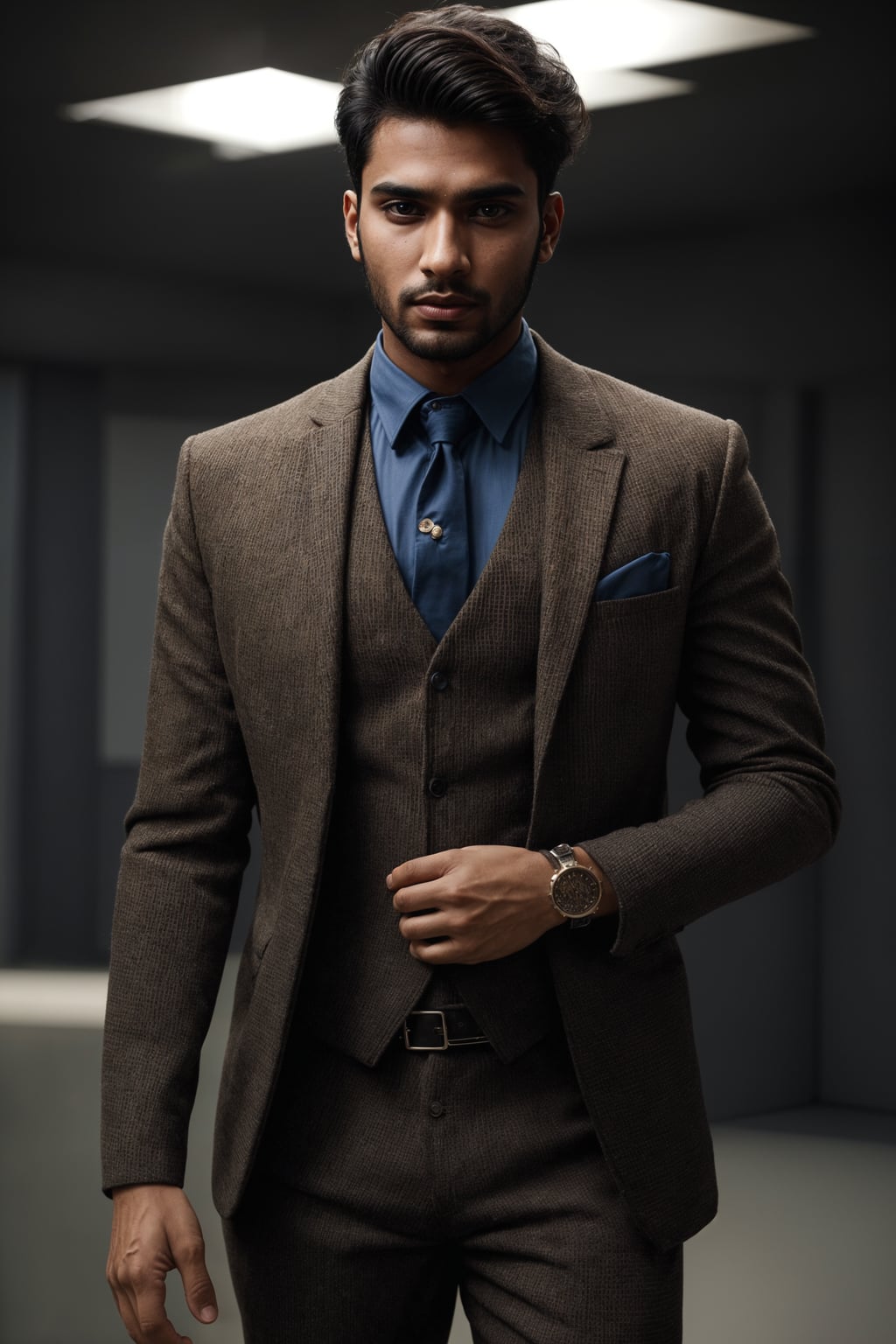 handsome and stylish man showcasing a dappersuit in a bold plaid pattern with a solid-colored shirt and a knitted tie