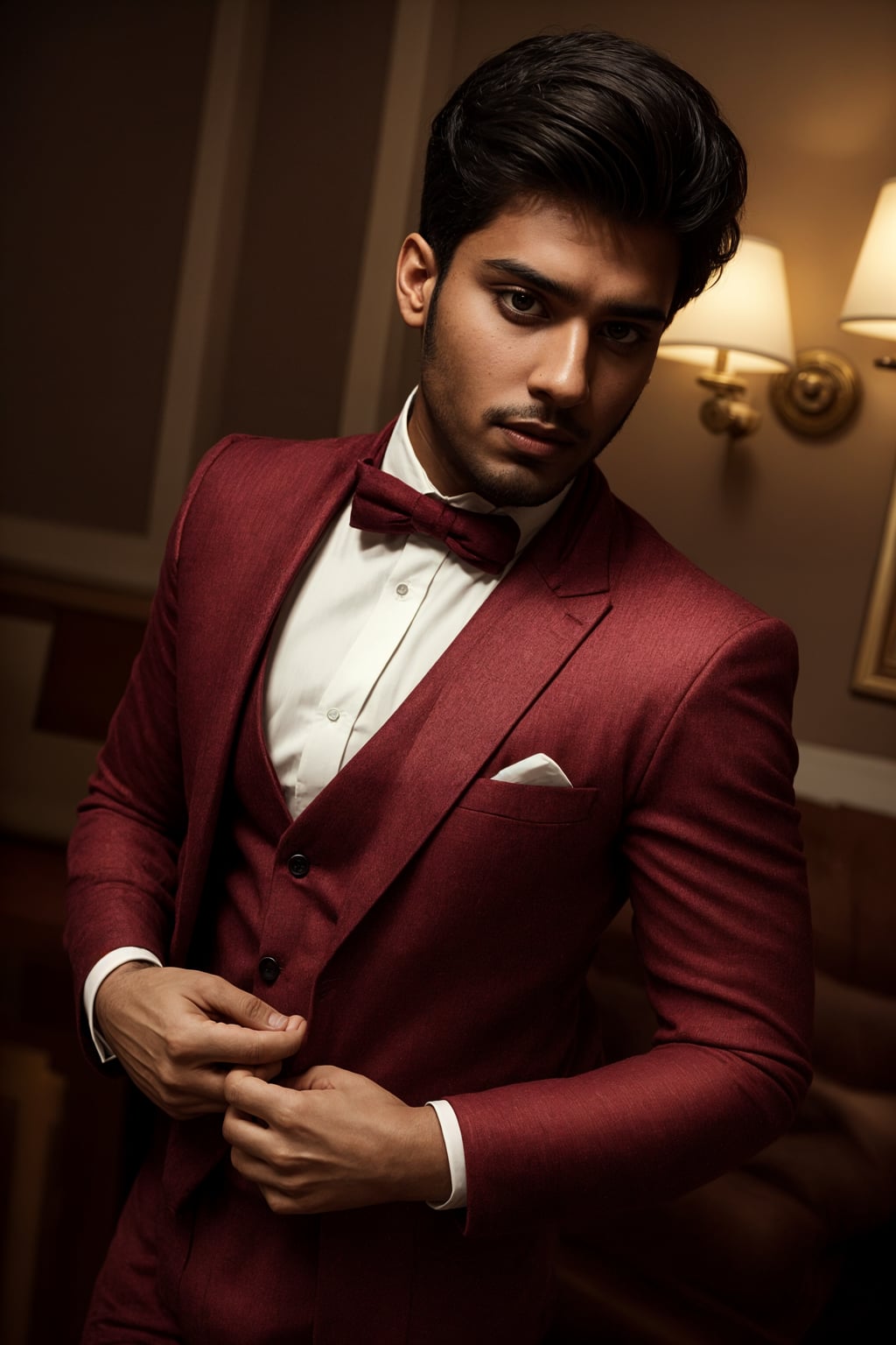 handsome and stylish man trying on a stylish three-piece suit in a rich burgundy color with a crisp white shirt and a paisley patterned pocket square