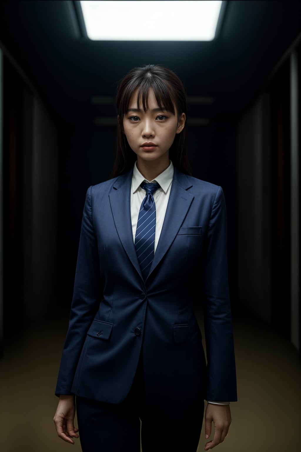 woman wearing a classic navy blue suit with a crisp white dress shirt and a patterned tie