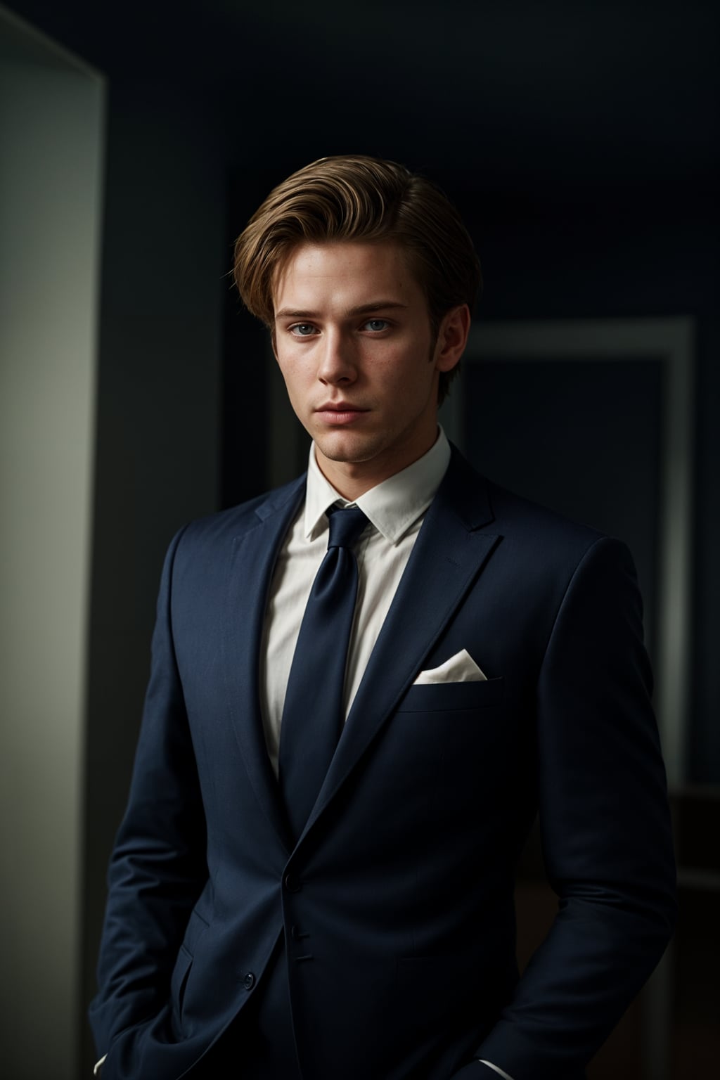 handsome and stylish man wearing a classic navy blue suit with a crisp white dress shirt and a patterned tie