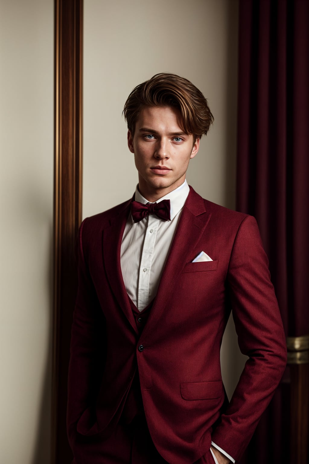 handsome and stylish man trying on a stylish three-piece suit in a rich burgundy color with a crisp white shirt and a paisley patterned pocket square