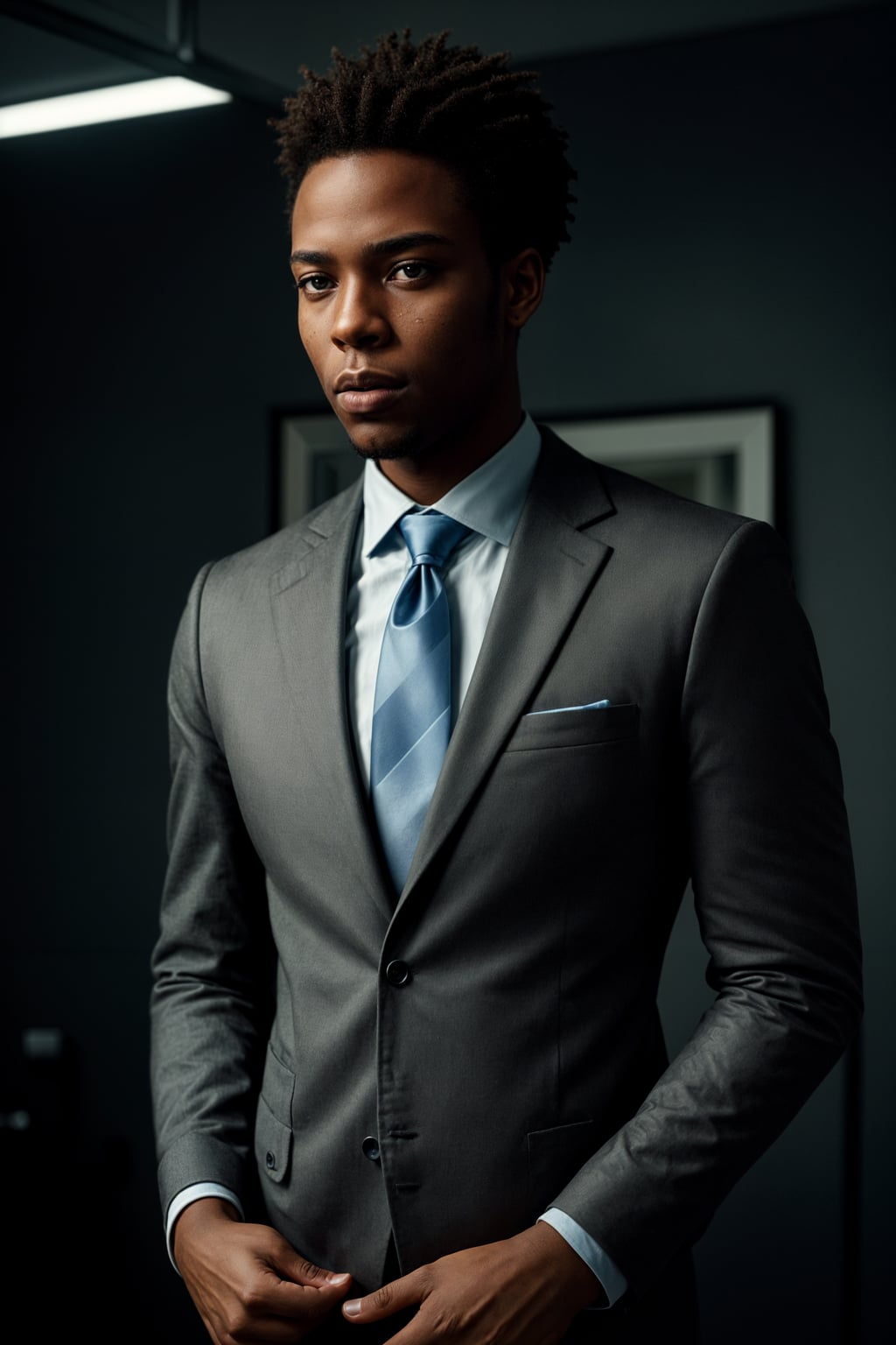 handsome and stylish man showcasing a modern slim-fit charcoal with a light blue dress shirt and a contrasting pocket square