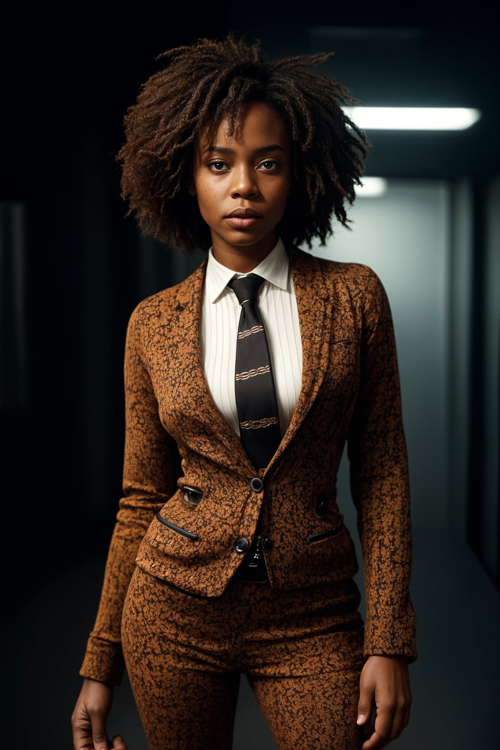 woman showcasing a dappersuit in a bold plaid pattern with a solid-colored shirt and a knitted tie
