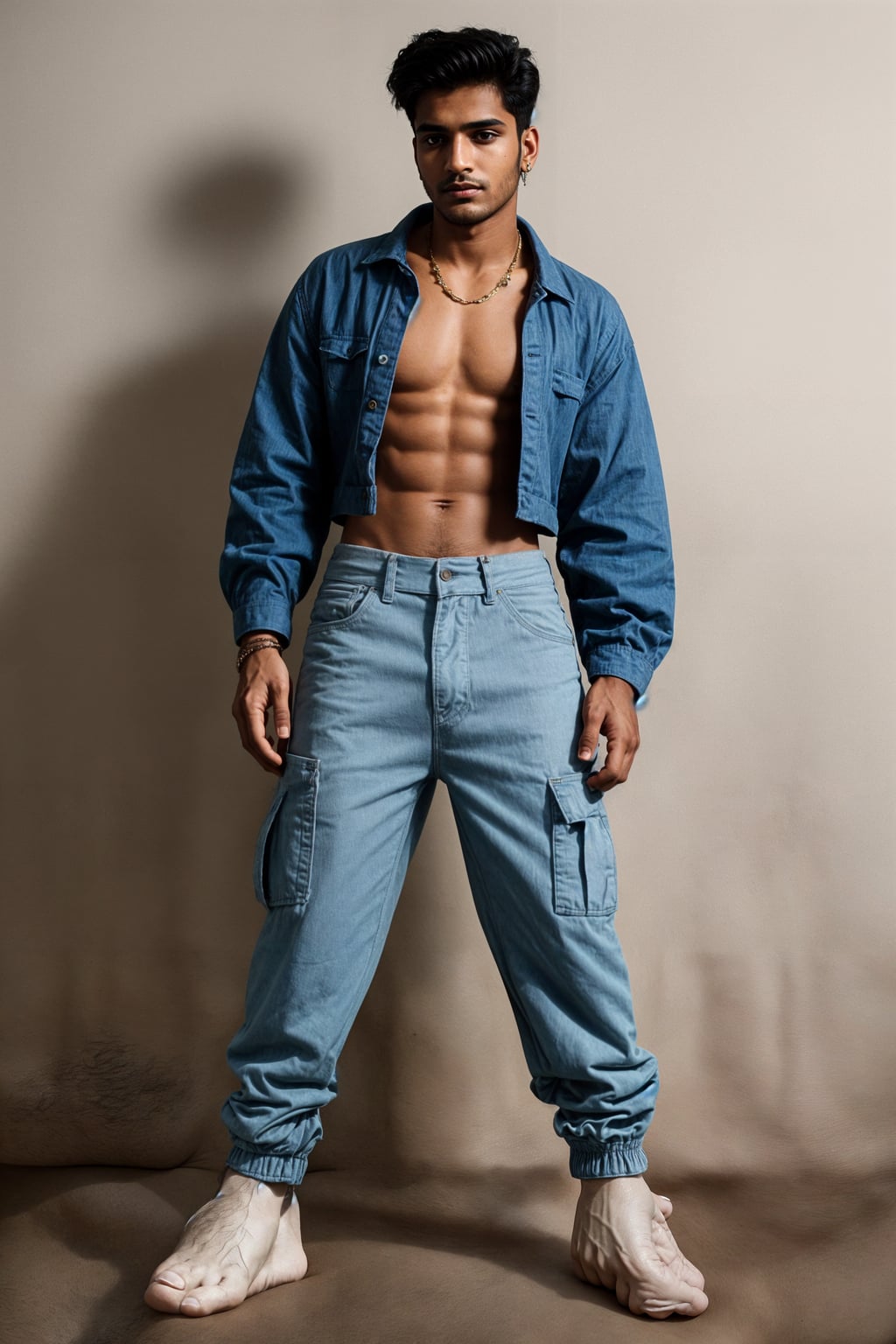 man wearing Y2K aesthetic, 2000s fashion, aughts style, noughties style, grunge or 2000s style, oversized washed out style, baggy pants, low rise pants or cargo pants, crop top, Choker, Metallic, iridescent fabrics, posing for photo