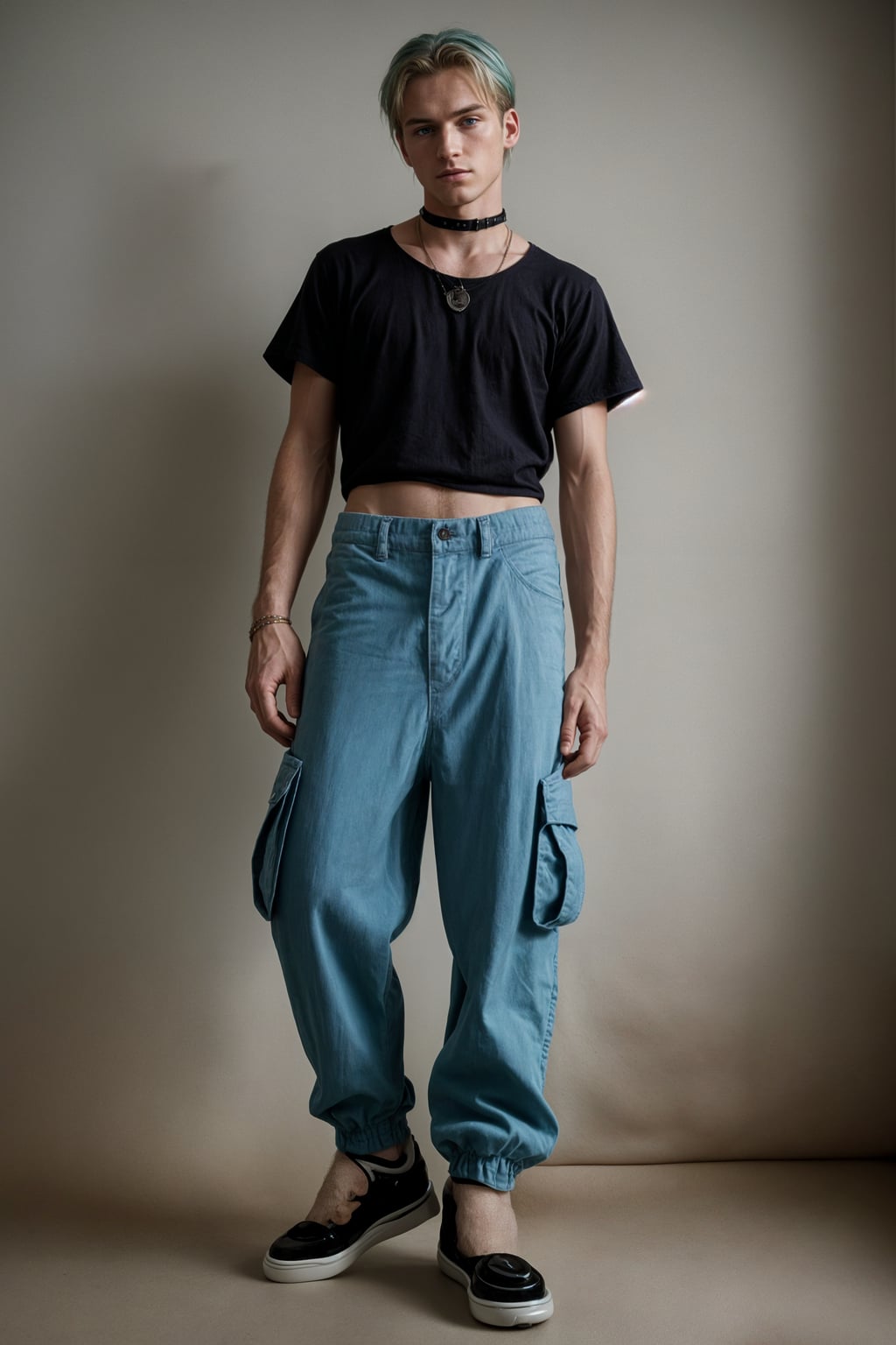 man wearing Y2K aesthetic, 2000s fashion, aughts style, noughties style, grunge or 2000s style, oversized washed out style, baggy pants, low rise pants or cargo pants, crop top, Choker, Metallic, iridescent fabrics, posing for photo