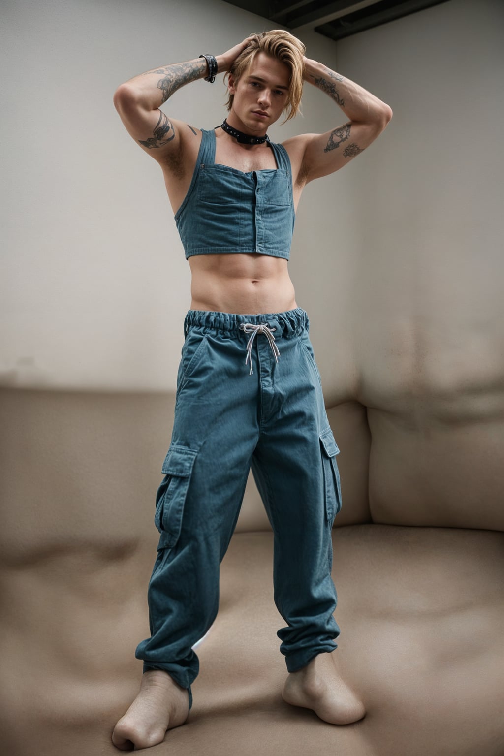 man wearing Y2K aesthetic, 2000s fashion, aughts style, noughties style, grunge or 2000s style, oversized washed out style, baggy pants, low rise pants or cargo pants, crop top, Choker, Metallic, iridescent fabrics, posing for photo