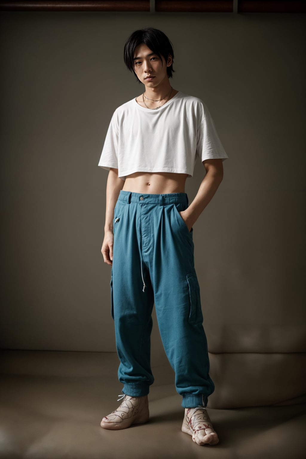 man wearing Y2K aesthetic, 2000s fashion, aughts style, noughties style, grunge or 2000s style, oversized washed out style, baggy pants, low rise pants or cargo pants, crop top, Choker, Metallic, iridescent fabrics, posing for photo