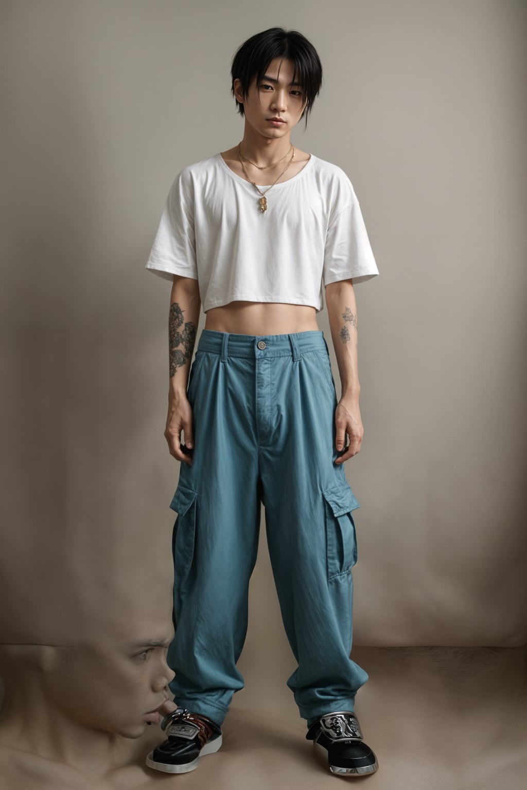 man wearing Y2K aesthetic, 2000s fashion, aughts style, noughties style, grunge or 2000s style, oversized washed out style, baggy pants, low rise pants or cargo pants, crop top, Choker, Metallic, iridescent fabrics, posing for photo