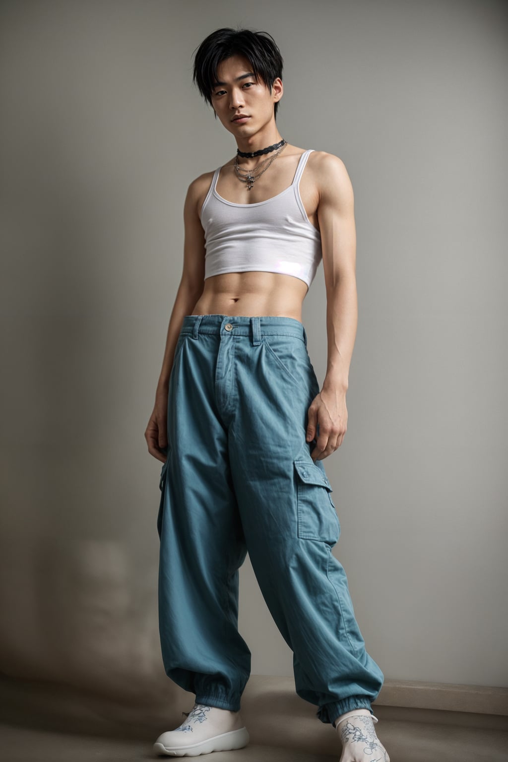 man wearing Y2K aesthetic, 2000s fashion, aughts style, noughties style, grunge or 2000s style, oversized washed out style, baggy pants, low rise pants or cargo pants, crop top, Choker, Metallic, iridescent fabrics, posing for photo
