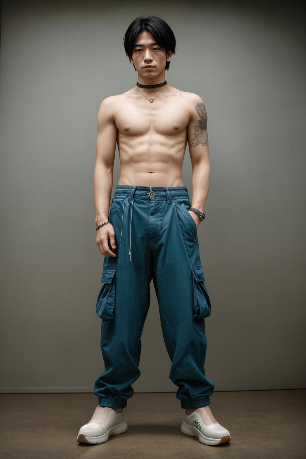man wearing Y2K aesthetic, 2000s fashion, aughts style, noughties style, grunge or 2000s style, oversized washed out style, baggy pants, low rise pants or cargo pants, crop top, Choker, Metallic, iridescent fabrics, posing for photo