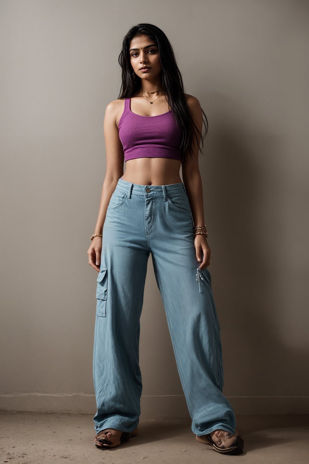 woman wearing Y2K aesthetic, 2000s fashion, aughts style, noughties style, grunge or 2000s style, oversized washed out style, baggy pants, low rise pants or cargo pants, crop top, Choker, Metallic, iridescent fabrics, posing for photo