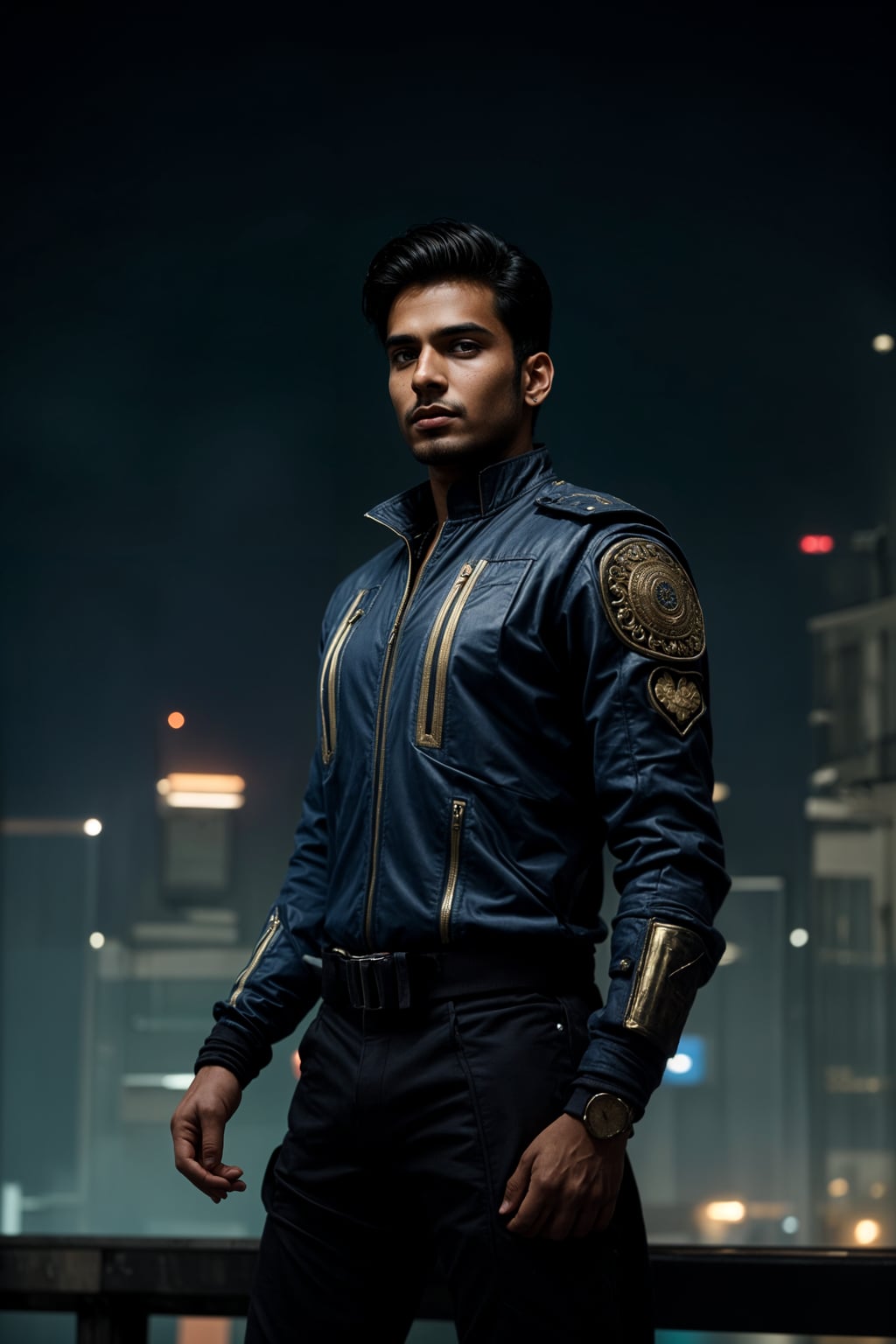 cosplayer man in a cyberpunk outfit, posing against the backdrop of bright city lights