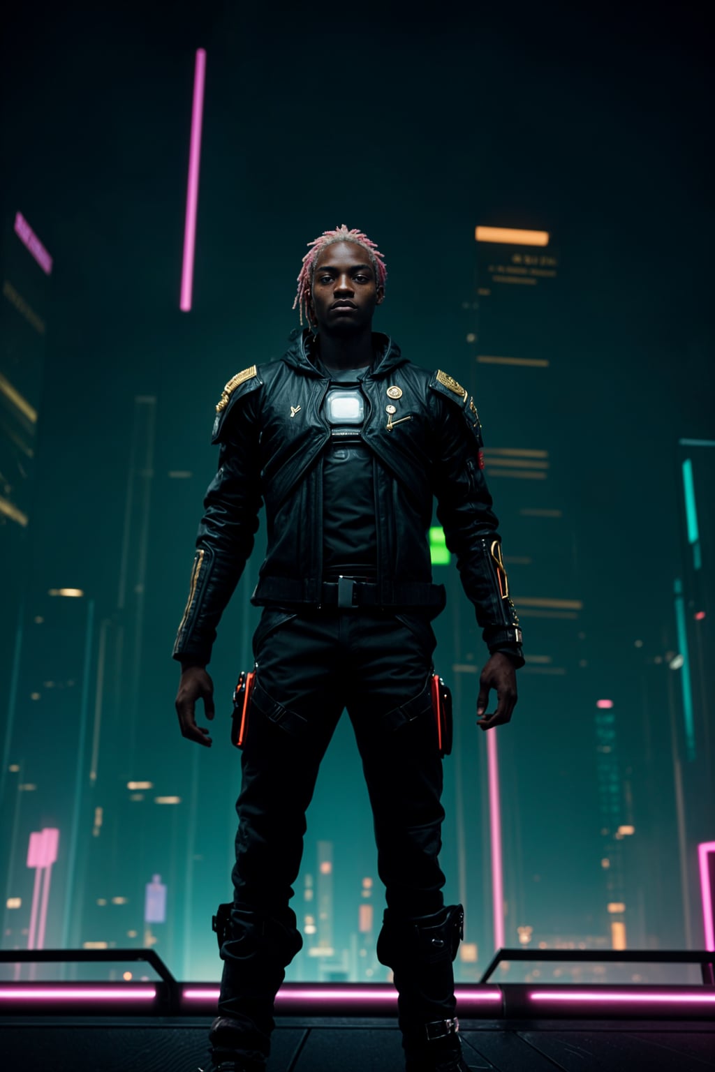 cyberpunk man with futuristic cyberpunk neon clothes standing in cyberpunk city with neon lights city on Mars in future, neon billboards, skyscrapers