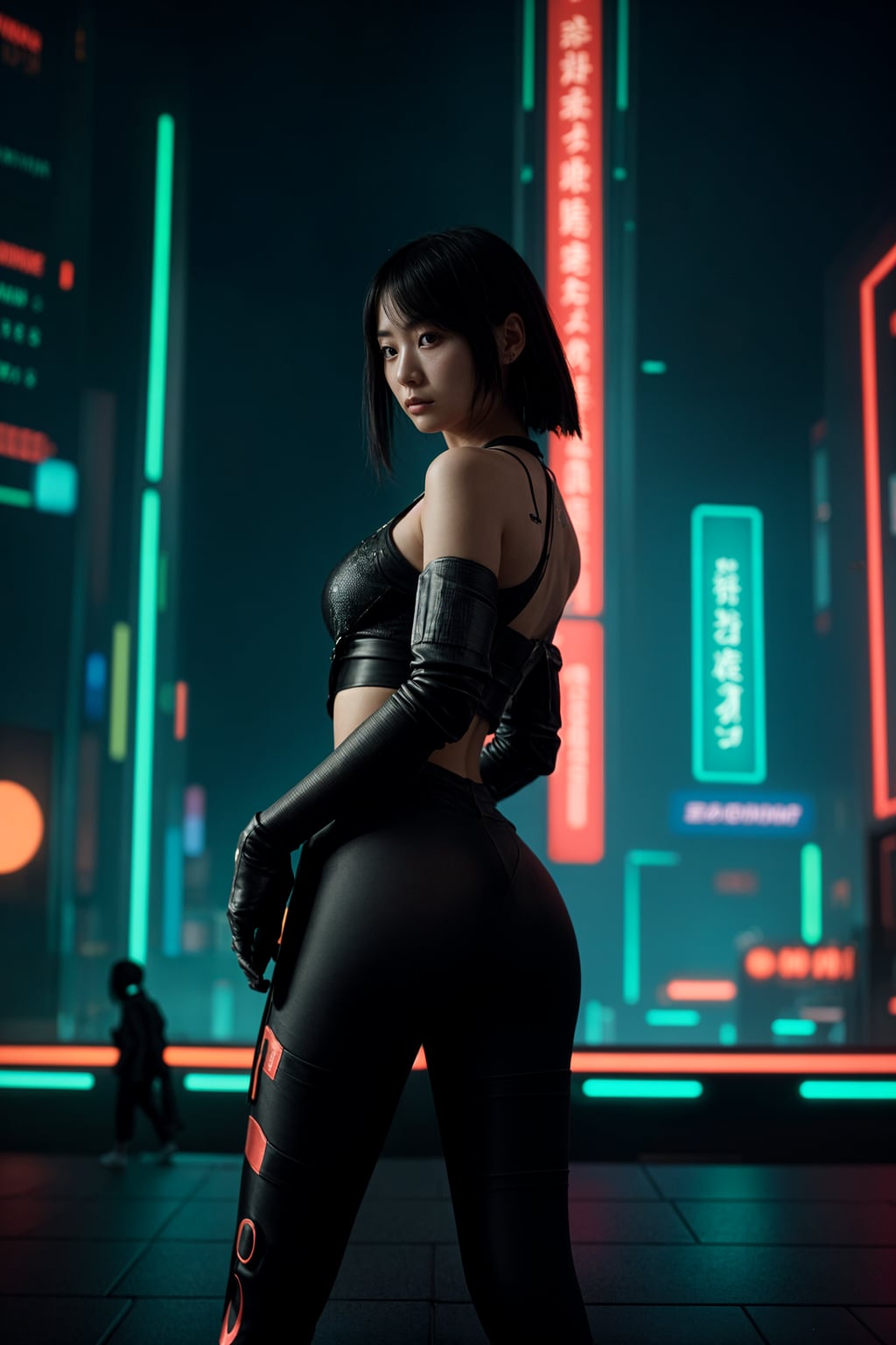 cyberpunk woman with futuristic cyberpunk neon clothes standing in cyberpunk city with neon lights city on Mars in future, neon billboards, skyscrapers
