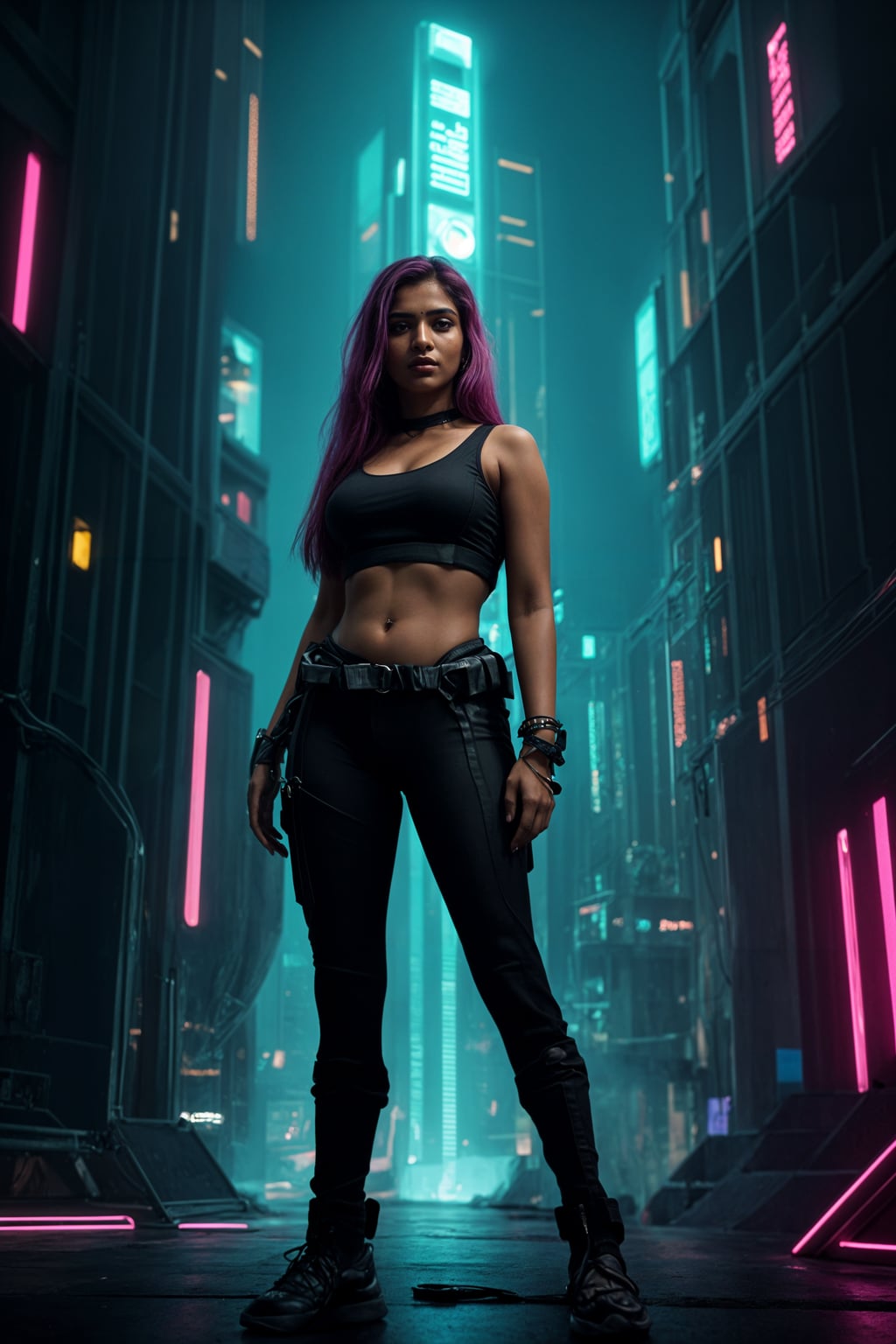 cyberpunk woman with futuristic cyberpunk neon clothes standing in cyberpunk city with neon lights city on Mars in future, neon billboards, skyscrapers