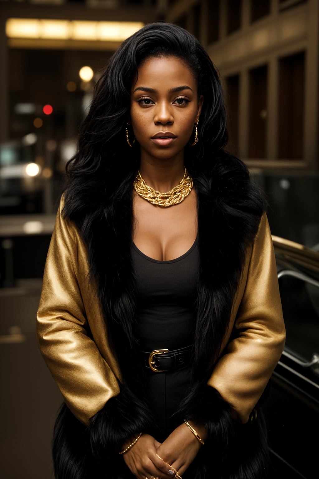 beautiful woman as a mobster, mafia, mafia outfit, faux fur coats, chunky gold jewelry, mafia aesthetic, flashy, glamorous, luxury, loud, Goodfellas, The Sopranos, Mob Wives, opulence, confidence