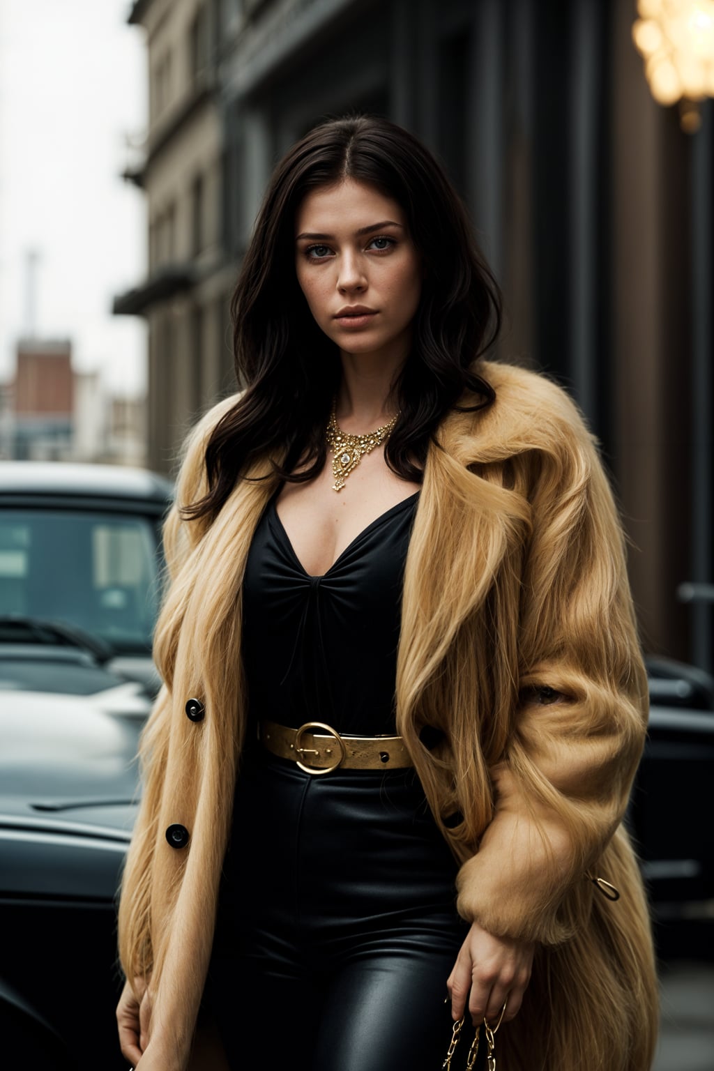 beautiful woman as a mobster, mafia, mafia outfit, faux fur coats, chunky gold jewelry, mafia aesthetic, flashy, glamorous, luxury, loud, Goodfellas, The Sopranos, Mob Wives, opulence, confidence