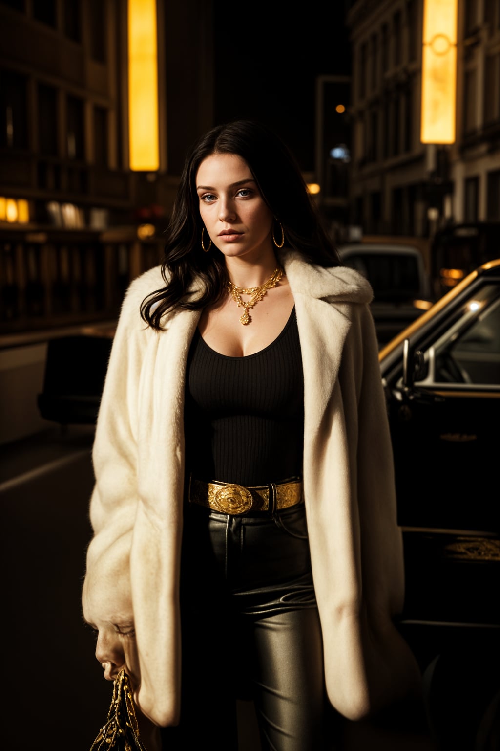 beautiful woman as a mobster, mafia, mafia outfit, faux fur coats, chunky gold jewelry, mafia aesthetic, flashy, glamorous, luxury, loud, Goodfellas, The Sopranos, Mob Wives, opulence, confidence