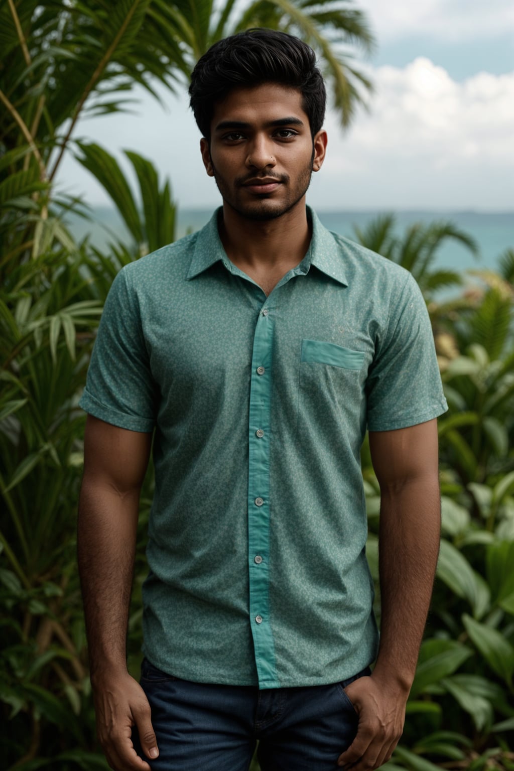 smiling man wearing  hawaii shirt in try on fashion shoot for Zara Shein H&M