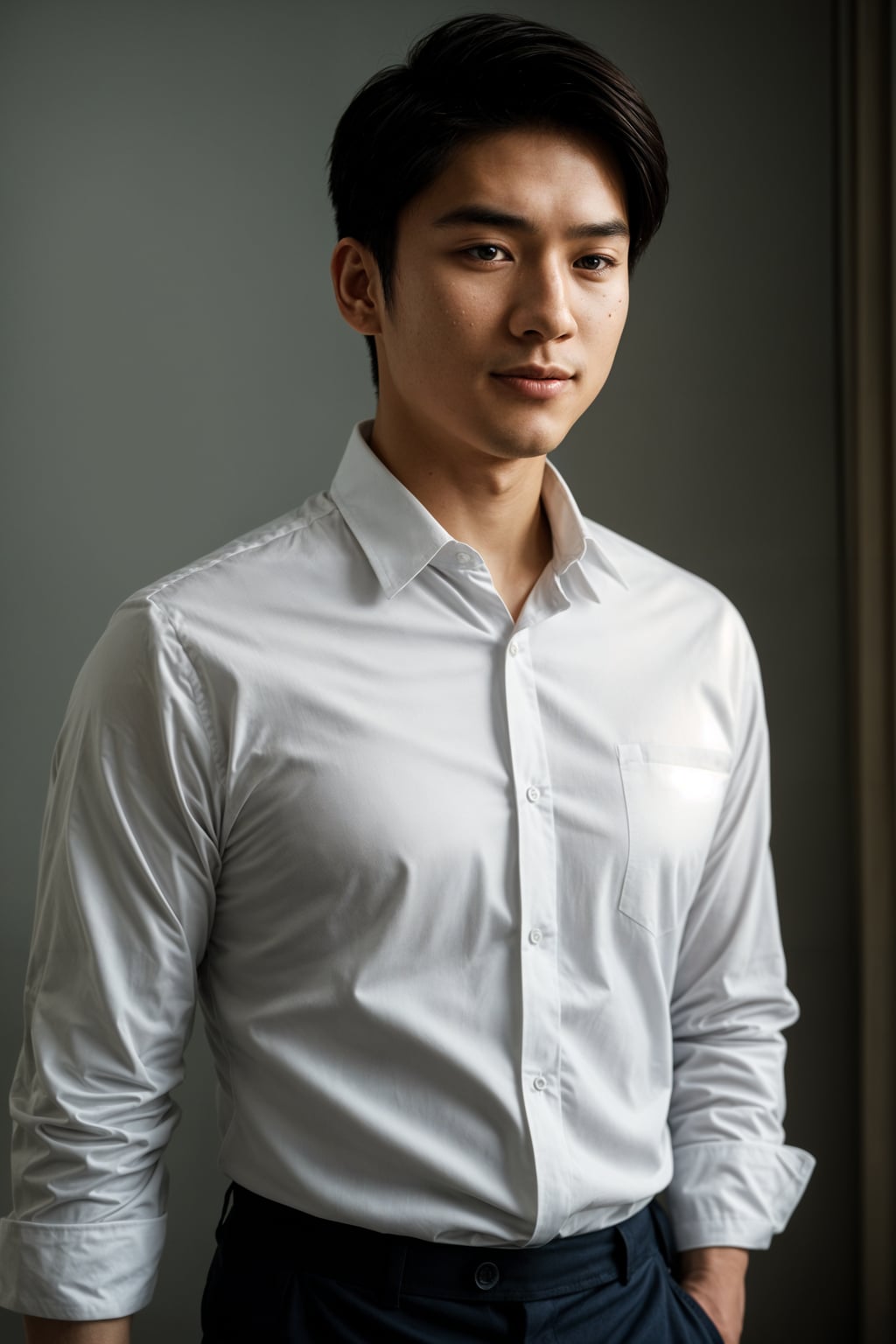 smiling man wearing  white collar shirt in try on fashion shoot for Zara Shein H&M