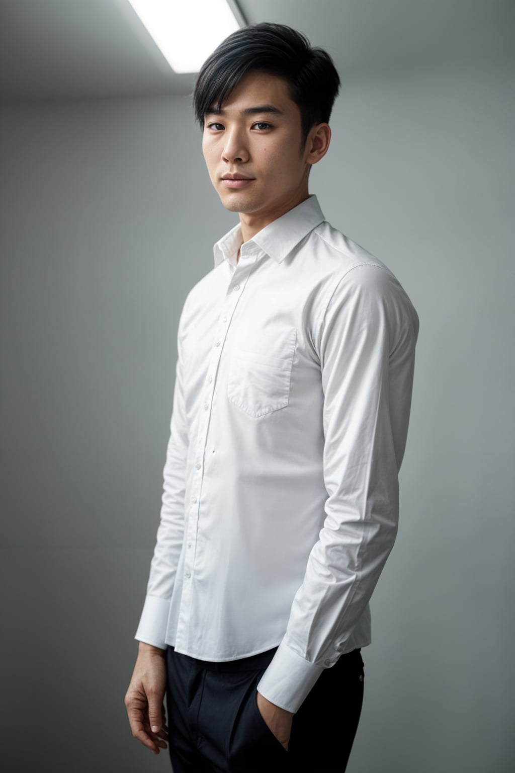 smiling man wearing  white collar shirt in try on fashion shoot for Zara Shein H&M
