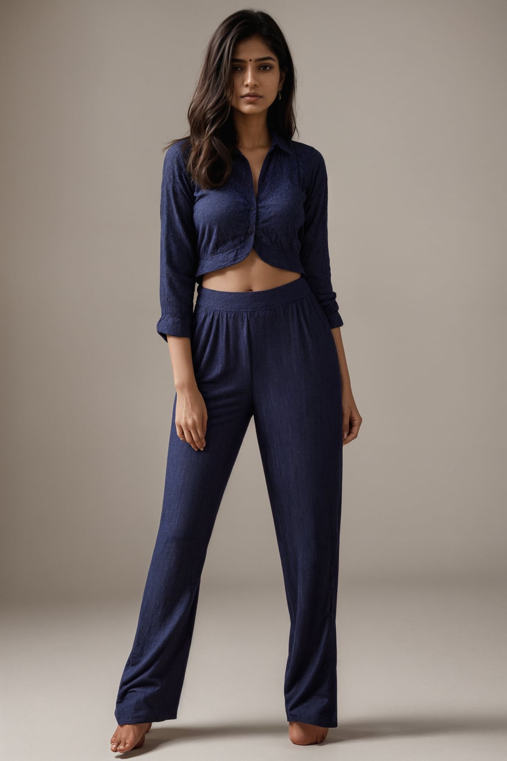 smiling woman wearing navy colopink pants suit  in try on fashion shoot for Zara Shein H&M