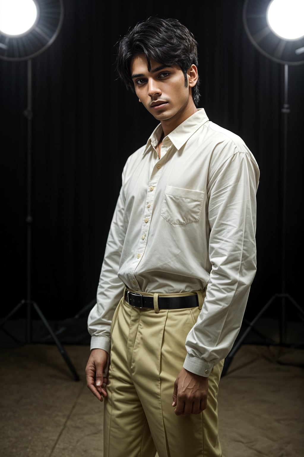 Korean man (with black hair) (as korean kpop k-pop idol) posing for photo, wearing Korean clothes, Korean fashion, Korean fashion, Korean makeup, (in front of solid background)