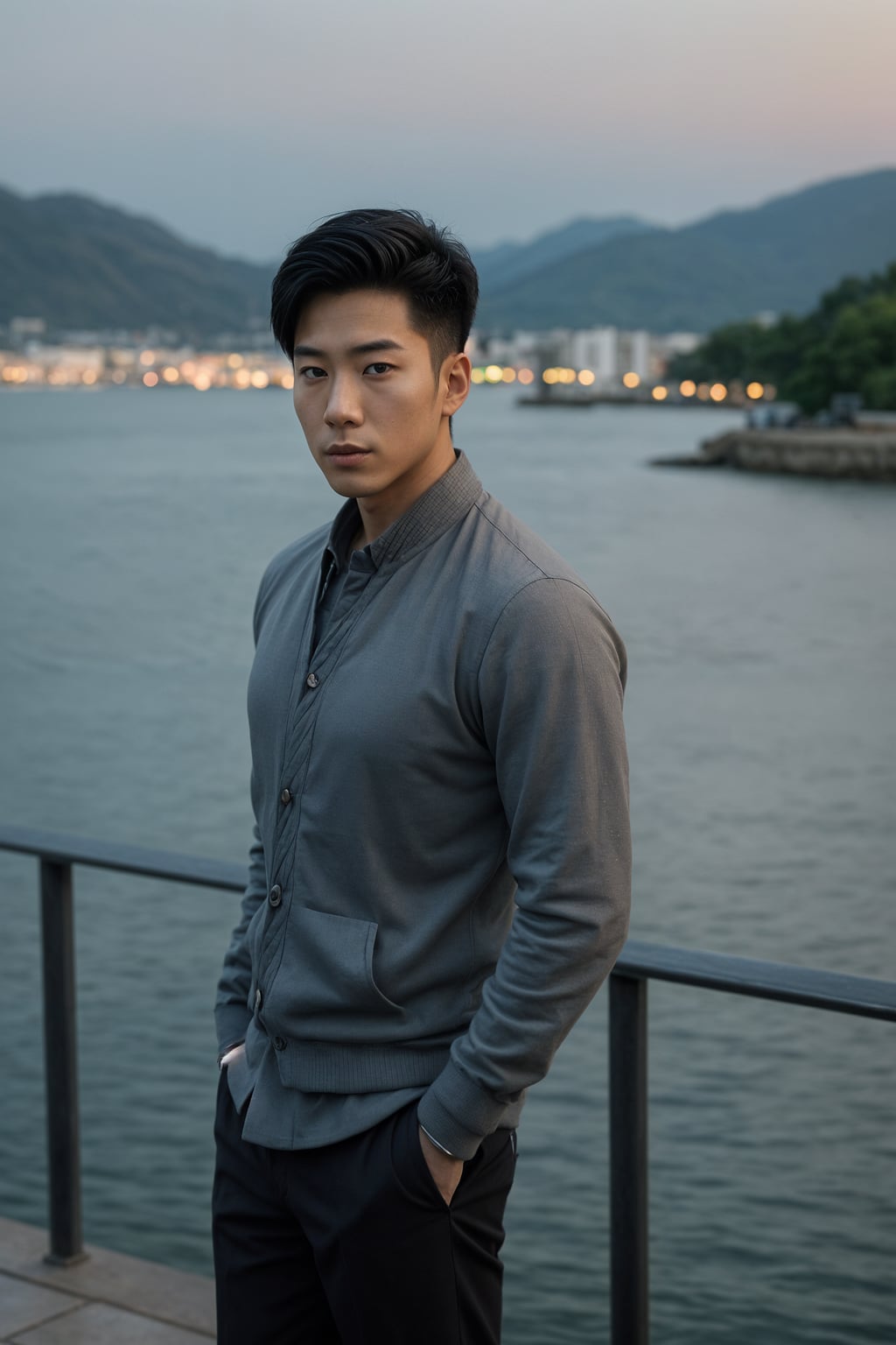 a captivating masculine  man enjoying a peaceful moment by the waterfront, capturing the tranquility of the surroundings