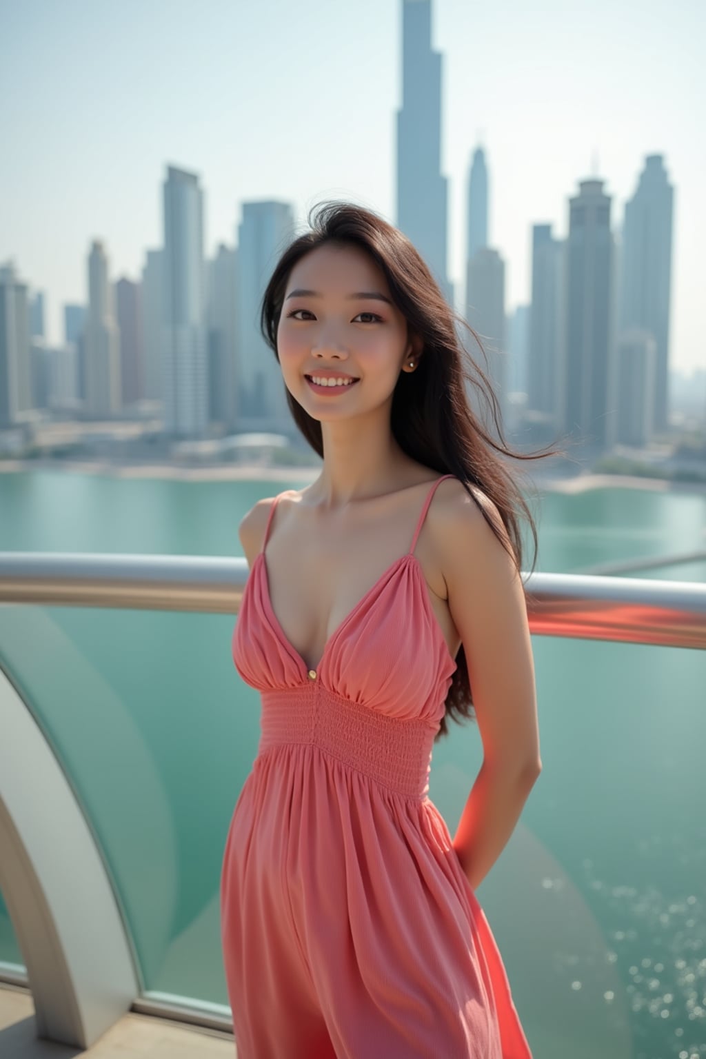woman standing in front of city skyline viewpoint in Dubai with city skyline in background